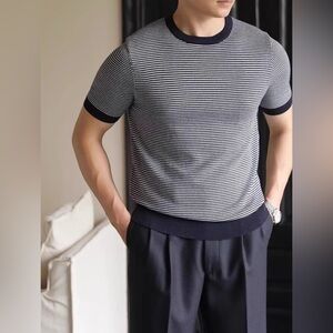 Suitsupply Black and White Striped Short Sleeve Shirt